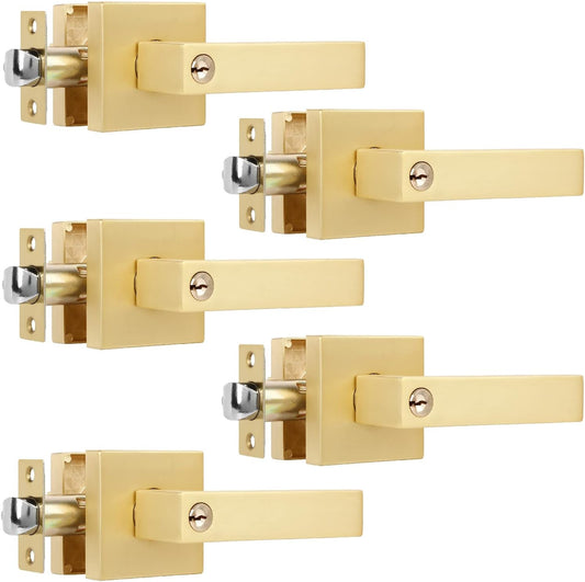 5 Pack Heavy Stain Brass Gold Door Handles, Locked Inside with Button Exterior/Interior Gold Door Knob with Lock Entry Door Lever with Keyed Alike Keys