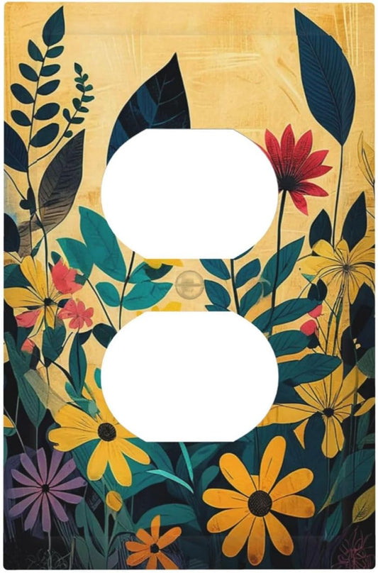 Abstract Minimalist Floral Botanical Boho Flower 1 Gang Duplex Receptacle Switch Wall Plate Decorative Switchplate Outlet Covers Electrical Plug Cover Faceplate for Bathroom Home Decor 5 X 3 IN