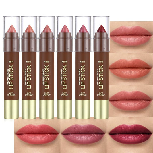 6Pcs Matte Lipstick Crayon Set for Women, 24 Hour Lipstick Lip Liner Pencil, Neutral Lip Stick Lipliner Long Lasting Waterproof Smudge Proof, Vegan & Cruelty-Free