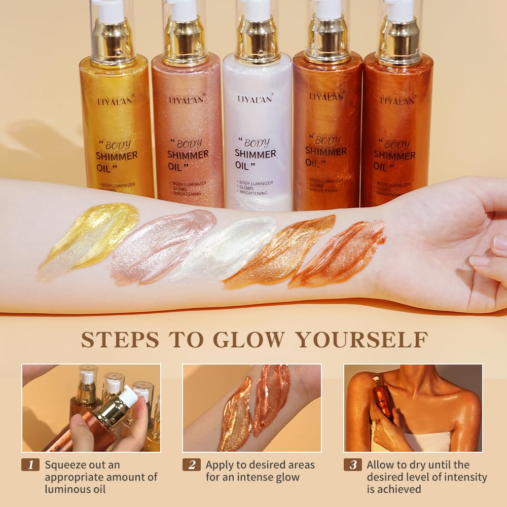 Liyalan Shimmer Body Oil Gold 5 Color Bronze Face Glow Pearl Highlighter Illuminator Body Makeup Shine Glitter Gold Liquid Taning(3.38 Fl Oz/#02)