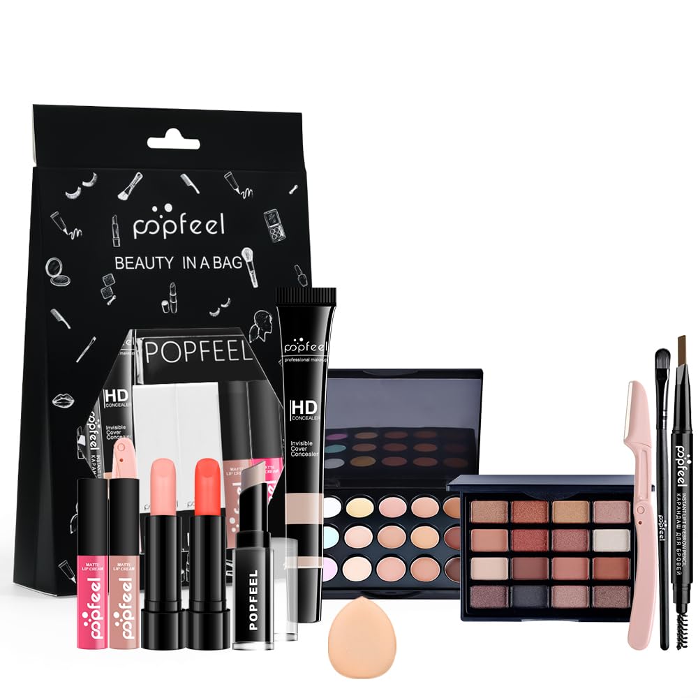 All in One Eyeshadow Palette Makeup Set, Makeup Kit with Earth Tone Eyeshadow Palette, Mascara, Concealer Palette, Lip Gloss,Travel Makeup Bundle Holiday Surprising Makeup Box for Women Girl