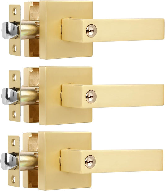 3 Pack Square Gold Door Handle with Key Heavy Door Knobs Interior(Keyed Alike), Satin Brass Gold Door Handles with Lock and Keys for Interior/Exterior/Front Doors