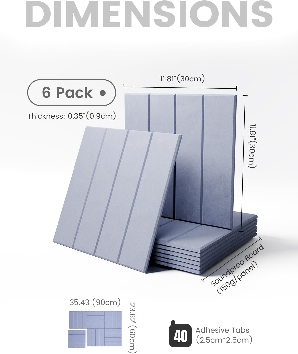 Felt Bulletin Board Tiles Large 36" x 24" Cork Board Alternative-6 Pack with 40 Adhesive Tabs, Thick Slat Wall Panels for Office Decor, Push Pin Board Wall Organizer - Soft Periwinkle