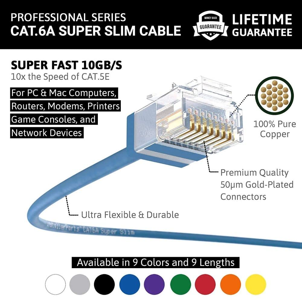 InstallerParts Ethernet Cable CAT6A Super Slim Cable UTP 5 FT (10 Pack) - Blue - Professional Series - 10Gigabit/Sec Network/High Speed Internet Cable, 550MHZ, 32AWG