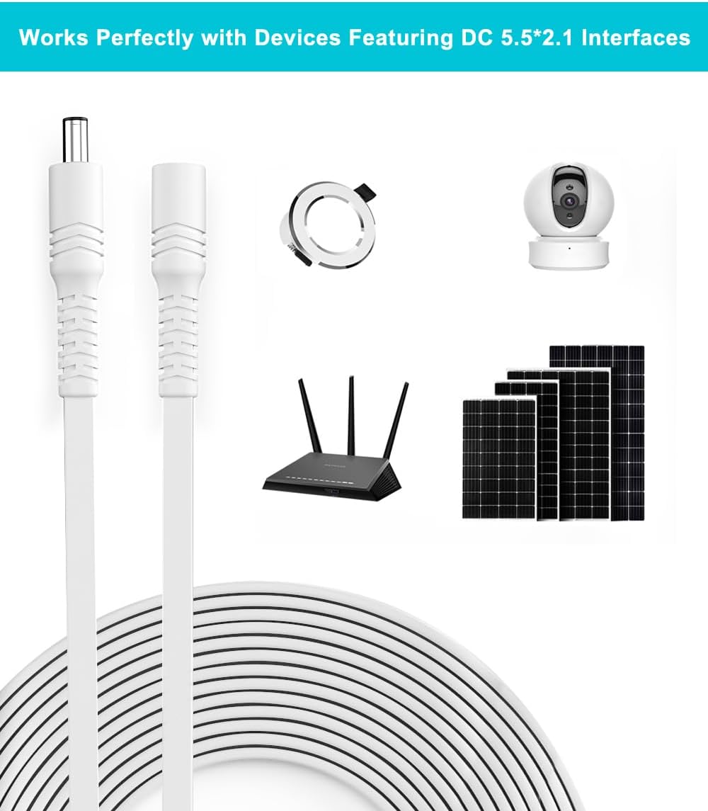 Basesailor 12V DC Extension Cable 30ft 2 Pack,5V 9V 24V 2.1mm x 5.5mm 5521 Power Supply Adapter Long Flat Extender Cord,Female to Male Wire for Outdoor CCTV Security Camera,IP Network Camera,DVRs