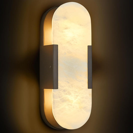 Alabaster Wall Sconce, Modern Natural Marble Wall Sconces for Indoor Lighting, 13.8 in Black Wall Lights for Bathroom Dining Room Stairs Bedroom (1-Pack)