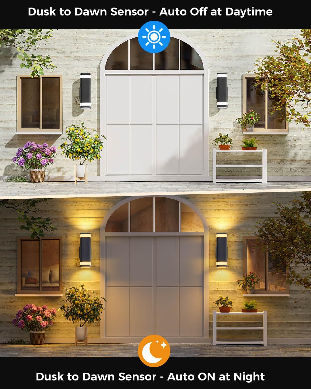 SHIMR Dusk to Dawn Outdoor Wall Light with Sensor 2 Pack, Waterproof Up and Down Outdoor Sconce Lights, Modern Black Aluminum Exterior Lighting Fixtures for Porch Patio Garage, LED Bulbs Included