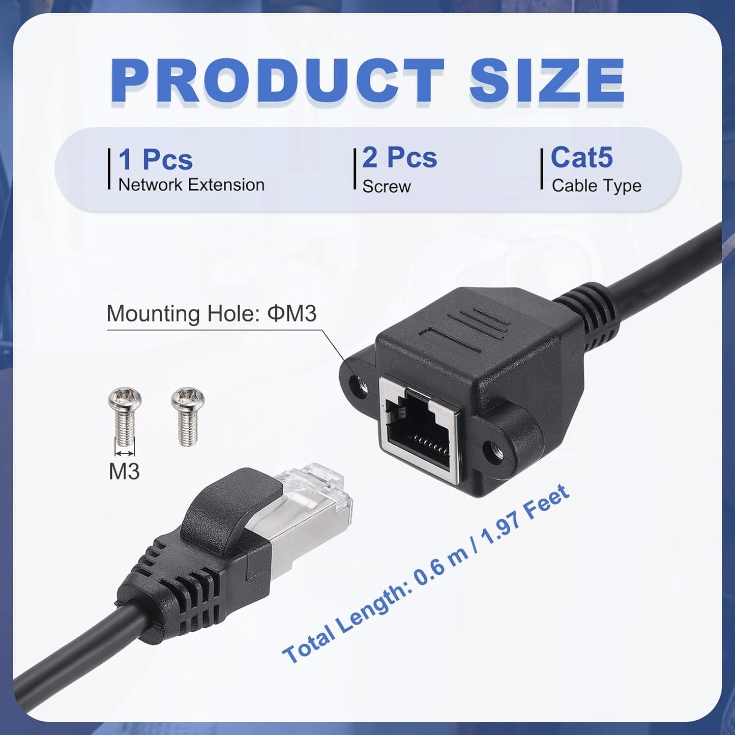 MECCANIXITY Cat5 Ethernet Extension Cable, 2Ft RJ45 Male to Female Screw Panel Mount Ethernet Cable Extender with 2pcs Screw for Router Modem PC Laptop Smart TV Printer