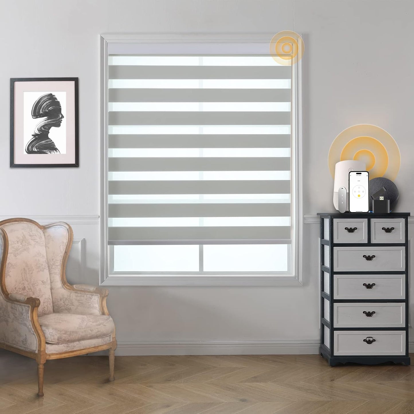 Motorized Blinds with Remote, Cordless Automatic Zebra Shades, Smart Blind for Windows, Grey, 33 x 72