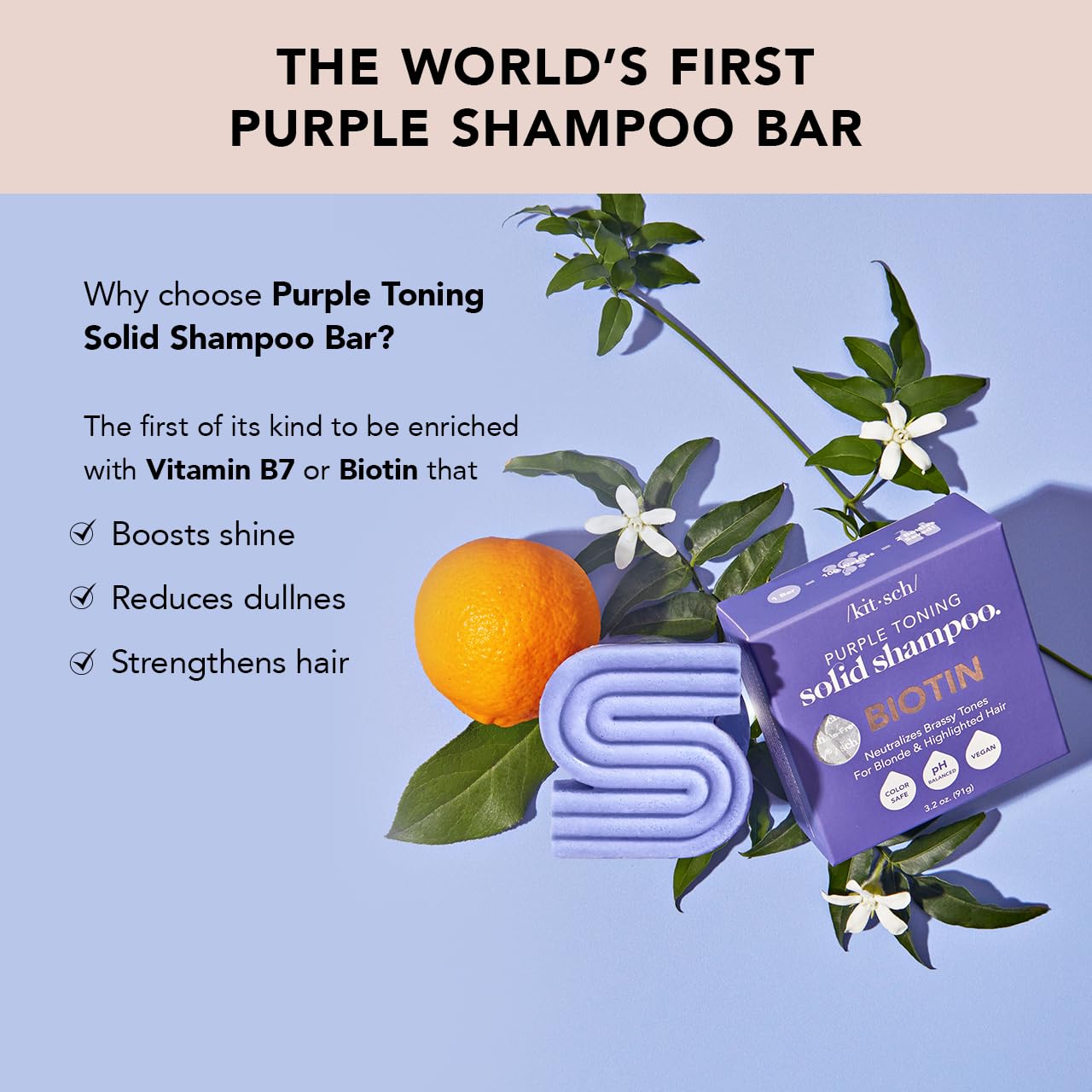 Kitsch Toning Purple Shampoo For Blondes & Color Treated Hair - Shampoo Bar For Women and Men - Biotin Shampoo for Strengthening & Neutralizing Brassy Tones - Vegan, Silicone & Sulfate Free - 3.2 oz