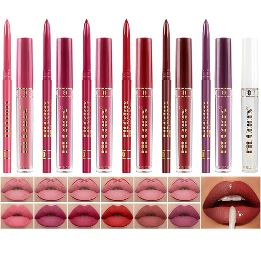 6 Colors Liquid Lipstick + Lip Liner Pen Makeup Set, Super Stay Matte Finish Lip Stain and Define Lip Liner Pencil Gift Set for Women, Longwear, Waterproof, 1PC Lip Glow Oil Include
