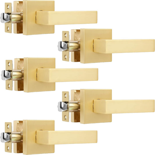 5 Pack Passage Door Lever Square Door Handle in Stain Brass,Interior Door Knob Modern Heavy Door Lock Contemporary Design Door Lockset for Hall or Closet