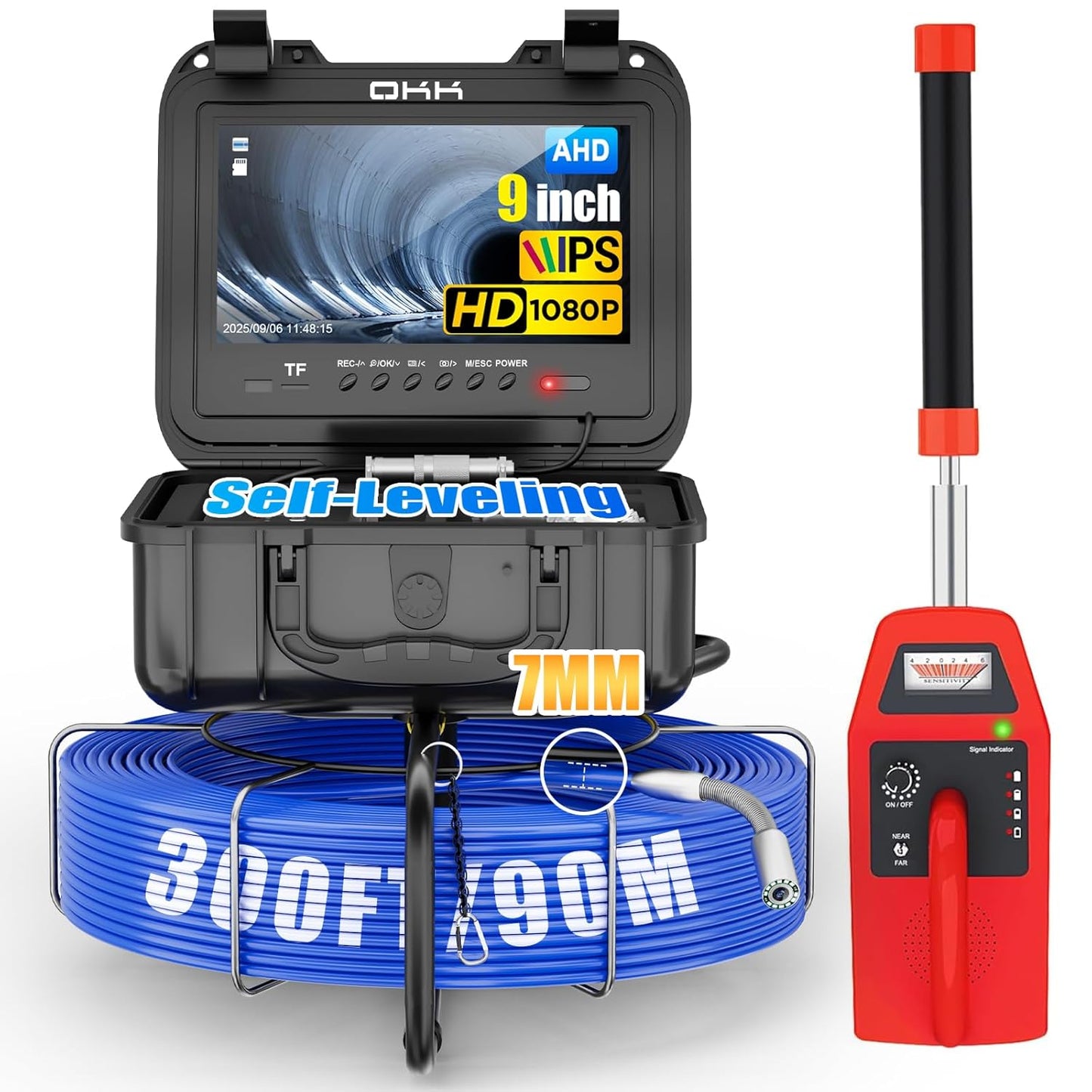 Okk Sewer Camera with Locator, Drain Camera 300ft, Pipe Inspection with 512Hz Sonde, Self-Leveling, Industrial Endoscope with DVR, 9" LCD, Meter Counter, 7mm Cable, IP68 Waterproof, 12 LEDs, 32GB Card