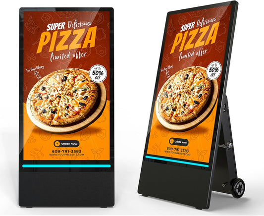 43 inch Rechargeable Portable Outdoor Digital Signage Displays, 2K FHD, IP65 Waterproof, Smart LCD Split Screen, Brightness Auto-Adjustment Movable Advertising Kiosk with Android OS