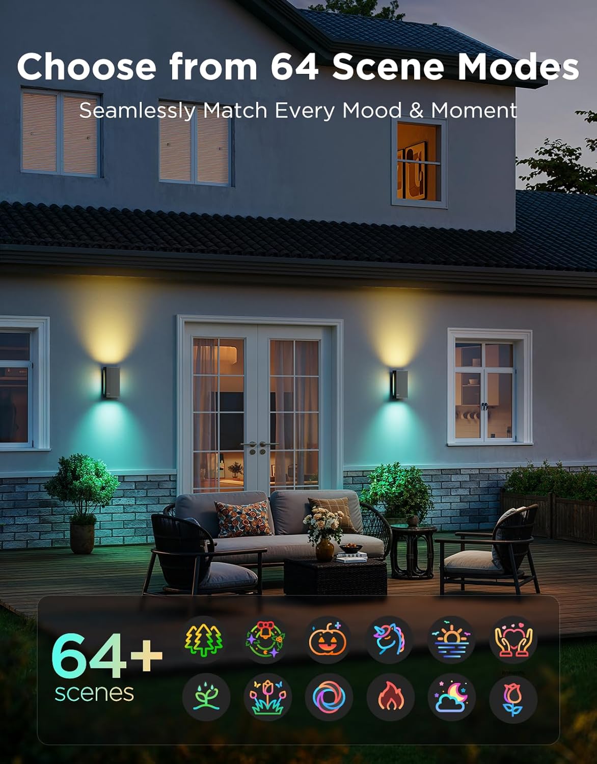 Govee Outdoor UpDown Wall Light, 2 Pack, 1200LM RGBICWW Smart Porch Lights Outdoor with 64 Scene Modes, IP66 Waterproof Wall Sconce for Outdoor Decor, Works with Alexa, Google Assistant and Matter