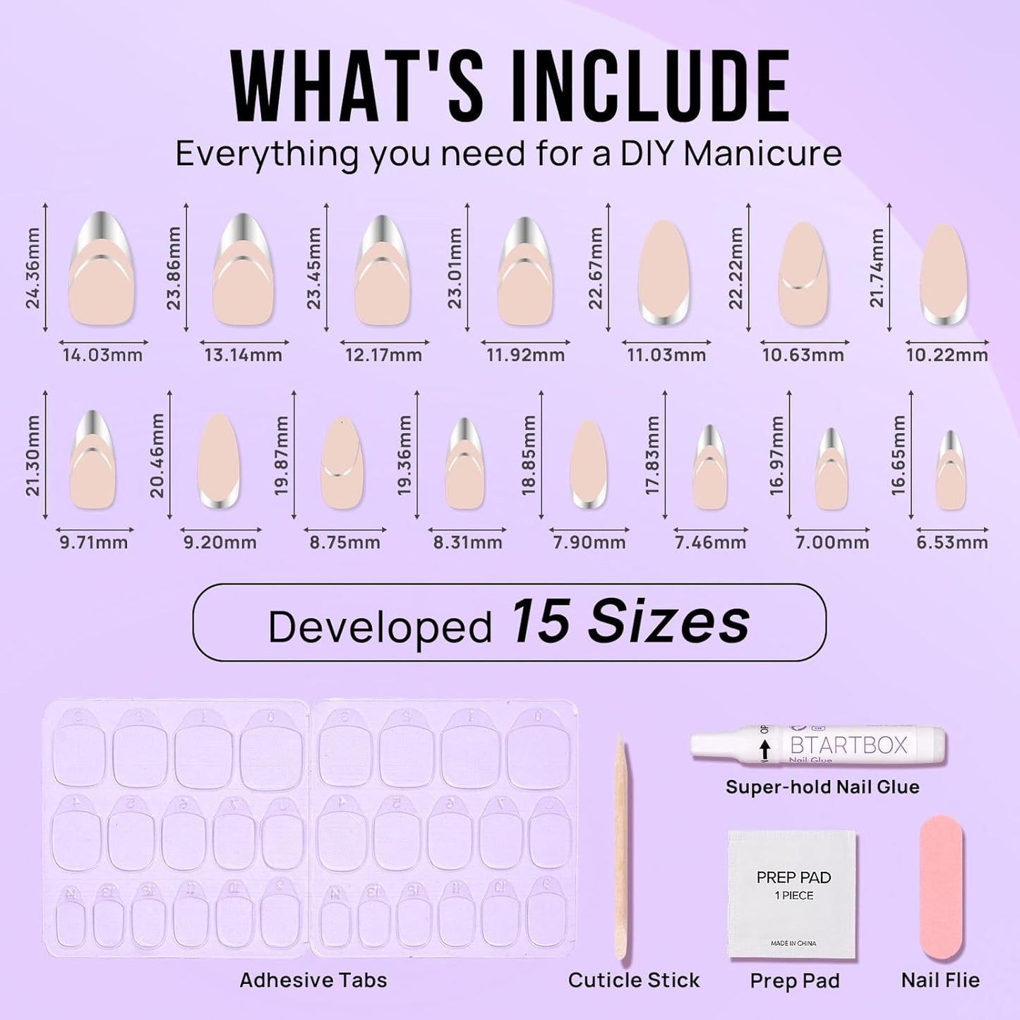 BTArtbox Press On Nails Almond - French Tip Press on nails, Medium Glue On Nails with Nail Glue, Silver Stick On Nails in 16 Sizes - 30 Fake Nails Kit, Zoomers