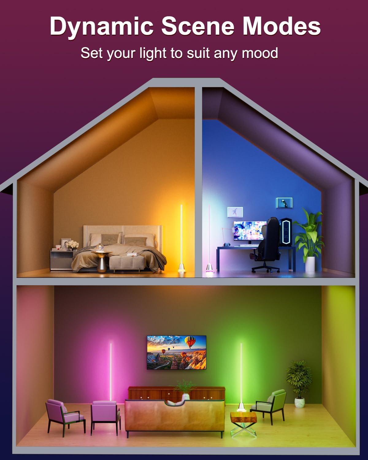 Keepsmile Smart RGB LED Corner Floor Lamp, Bright Standing Lamps for Living Room with APP and Remote,Modern Floor Lamp with Music Sync and 16 Million Colors, Ambient Light for Bedroom Silver