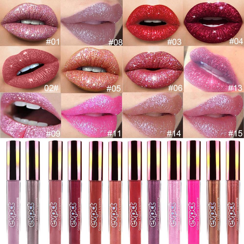 evpct 2Pcs Plum & Dark Wine Red Matte to Glitter Liquid Lipstick Long Lasting Lip Set Kit for Women Diamond Shiny Glitter Sparkly Glossy Metallic Shimmer Sparkle Waterproof Lipstick Lip Gloss 06+13