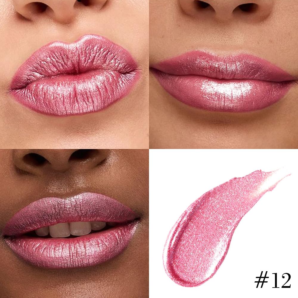 evpct Warm Pink Metallic Glitter Lip Liner and Lipstick Combo Lip Gloss Stain Set Makeup for Women Long Lasting Waterproof 24, Baby Pink Metallic Shimmer Frosted Iridescent Glossy Liquid Lipstick 12