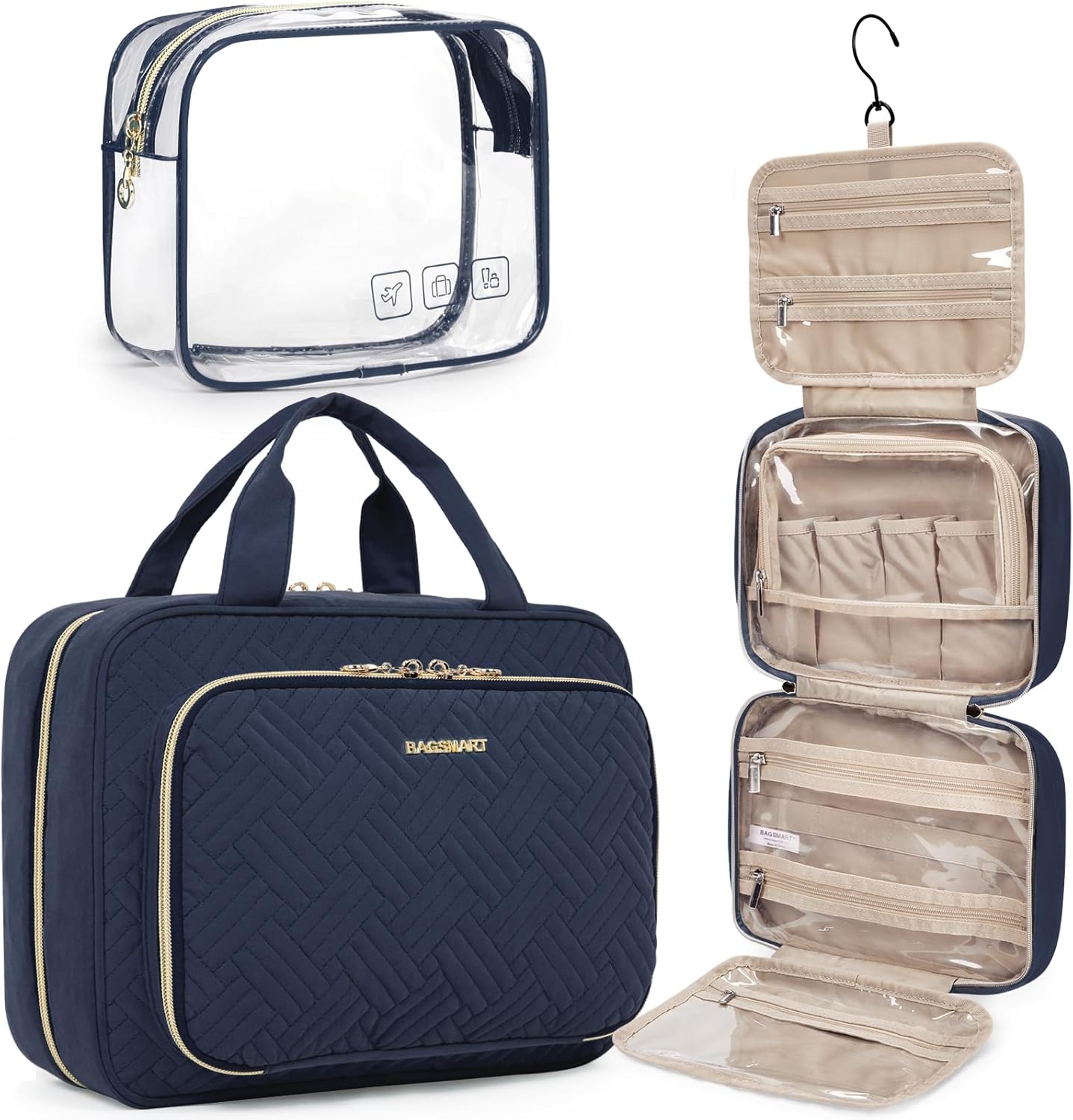 BAGSMART Toiletry Bag Hanging Travel Makeup Organizer with TSA Approved Transparent Cosmetic Bag Makeup Bag for Full Sized Toiletries, Large-Navy