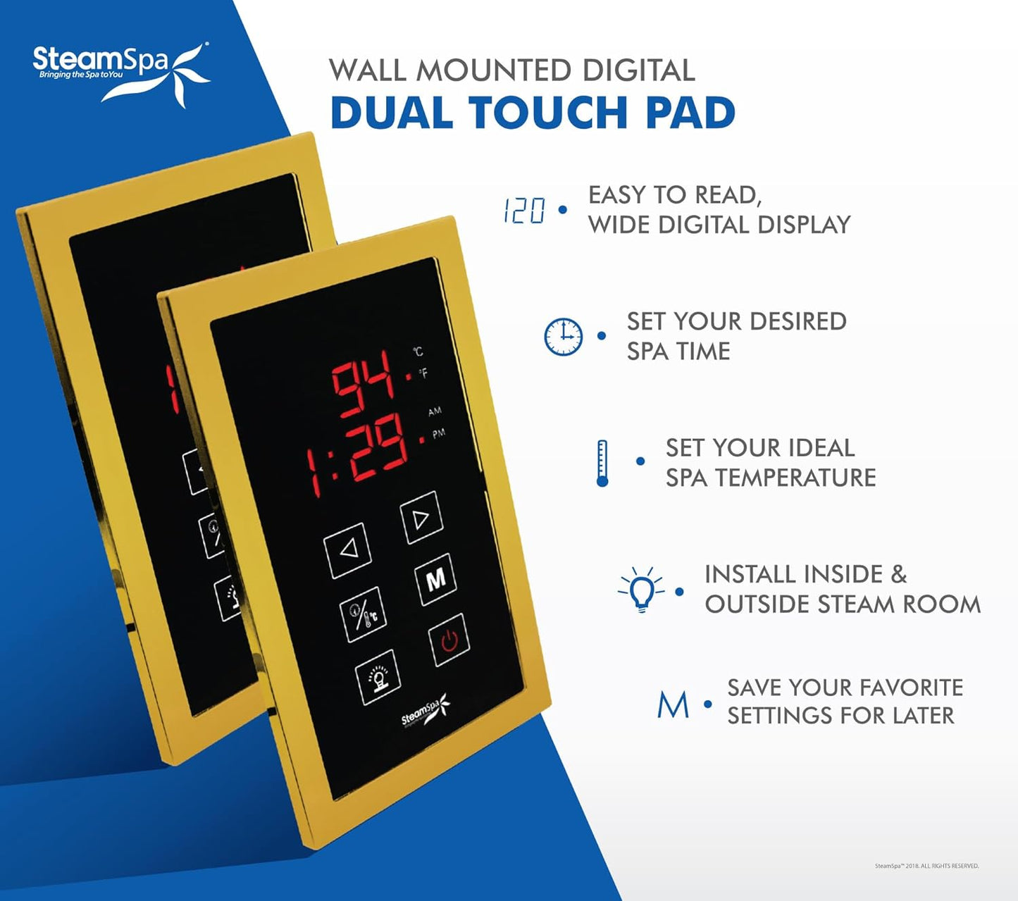 SteamSpa Executive 7.5 KW QuickStart ACU-Steam Bath Generator Package with Built-in Auto Drain and Install Kit Polished Gold, Steam Generator Kit with Dual Control Panel Steamhead 240V, (EXT750GD-A)