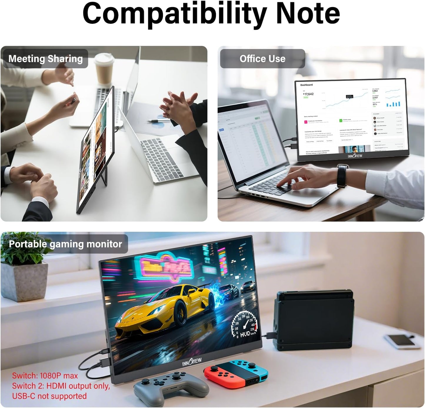 InnoView 16-inch 180Hz Portable Monitor FHD1920×1200 100% sRGB Laptop Screen Extender | 2 x Type-C & HDMI 16:10 Portable Monitor Compatible with 144hz/Macbook/Switch/PS5/Xbox