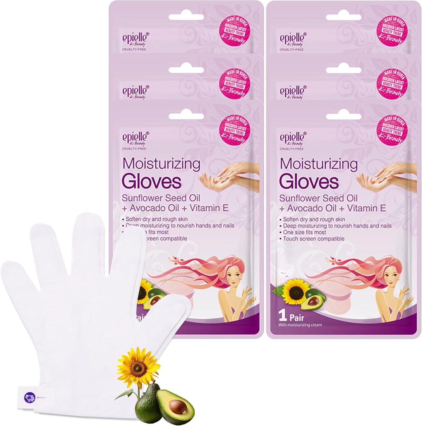 Epielle Moisturizing Hand Masks 6 Pairs, Deep Moisturizing Gloves for Dry, Cracked Hands, Relieve and Soften with Sunflower Seed Oil & Avocado Oil, Korean Skin Care, Spa Set, Self Care Gifts for Women