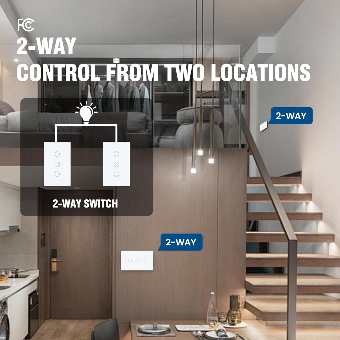 2 Way Light Switch 118X72X34MM No Neutral Wire, Wall Touch Switch 1000W, Tempered Glass Panel, FCC, White 3 Gang