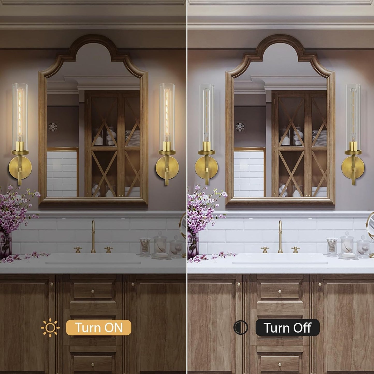 Brass Wall Sconces Set of Two, 19.48" Modern Wall Lighting with Clear Glass Tube, Bathroom Vanity Lights, Bronze Sconces Wall Lights for Bedroom, Living Room, Hallway, Staircase (Including Bulb)