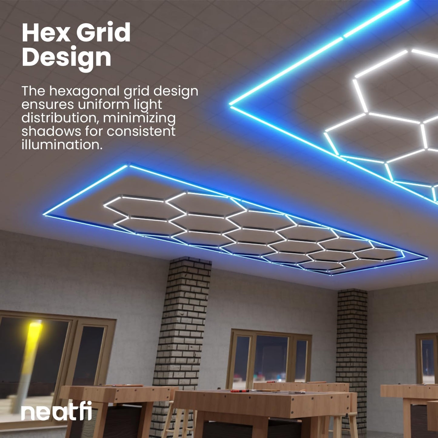 Neatfi LED Hexagon Garage Light 60,720 Lumens, 552W, Honeycomb Ceiling Light for Car Detailing, Auto Shops, Workshop, Warehouse, and Gym (15 Hex Grids, Blue)