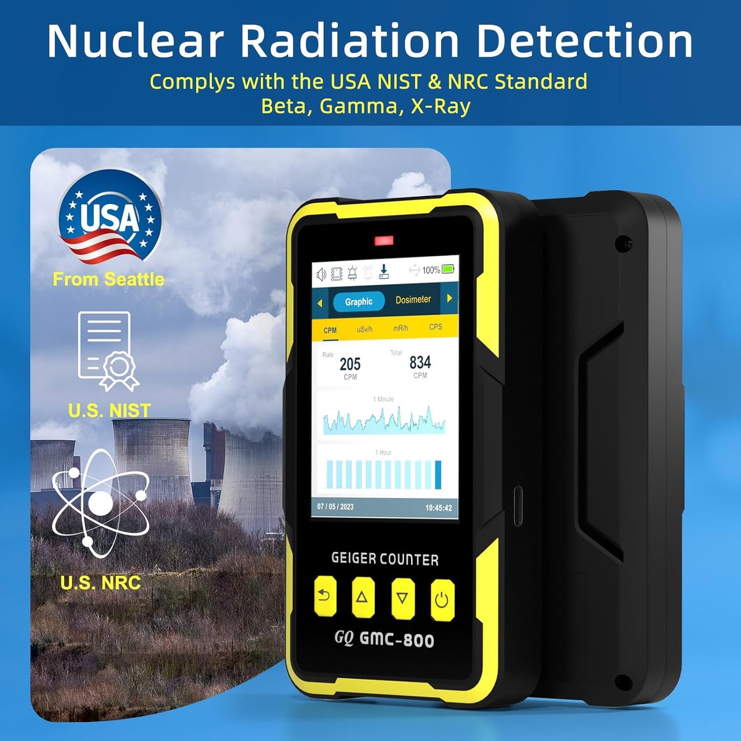 Nuclear Radiation Detector GQ GMC-800 USA Design Product US National Standard Large Color LCD Display 5 Alarm Types Dosimeter Data Save & Global Share Beta Gamma X-ray Portable Multifunction Device