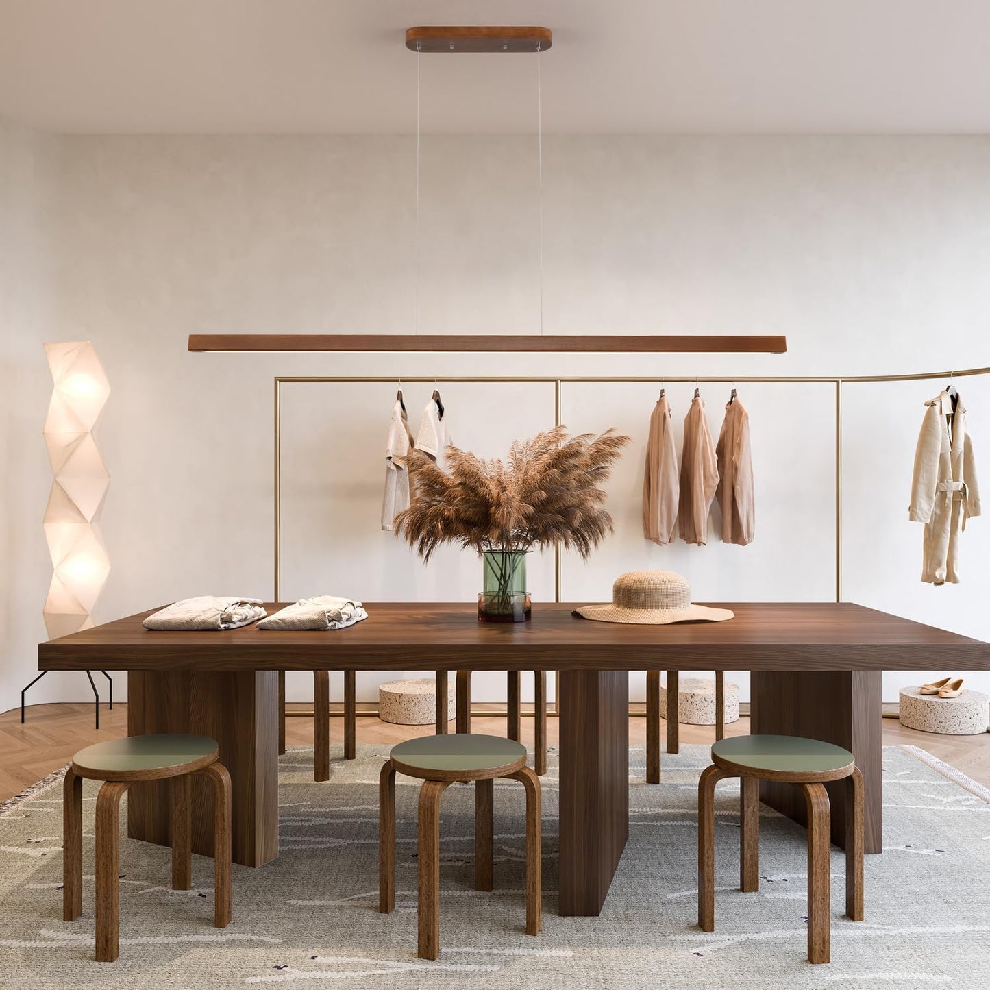 71" Wood Linear Pendant Light Modern LED Dimmable Ceiling Hanging Light Fixtures Wood Linear Chandeliers 40w for Dining Room Kitchen Island Pool Table Bar Walnut Color