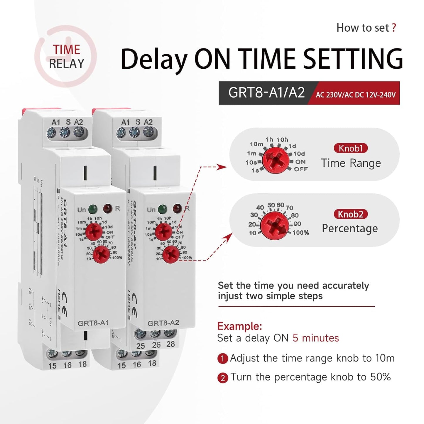 Delay ON Time Relay 16A ON Delay Timer Relay GRT8 A2， DIN Rail Electronic Relays of Wide Time Delay Range for 0.1 Seconds to 10 Days Voltage Range AC DC 12V to 240V