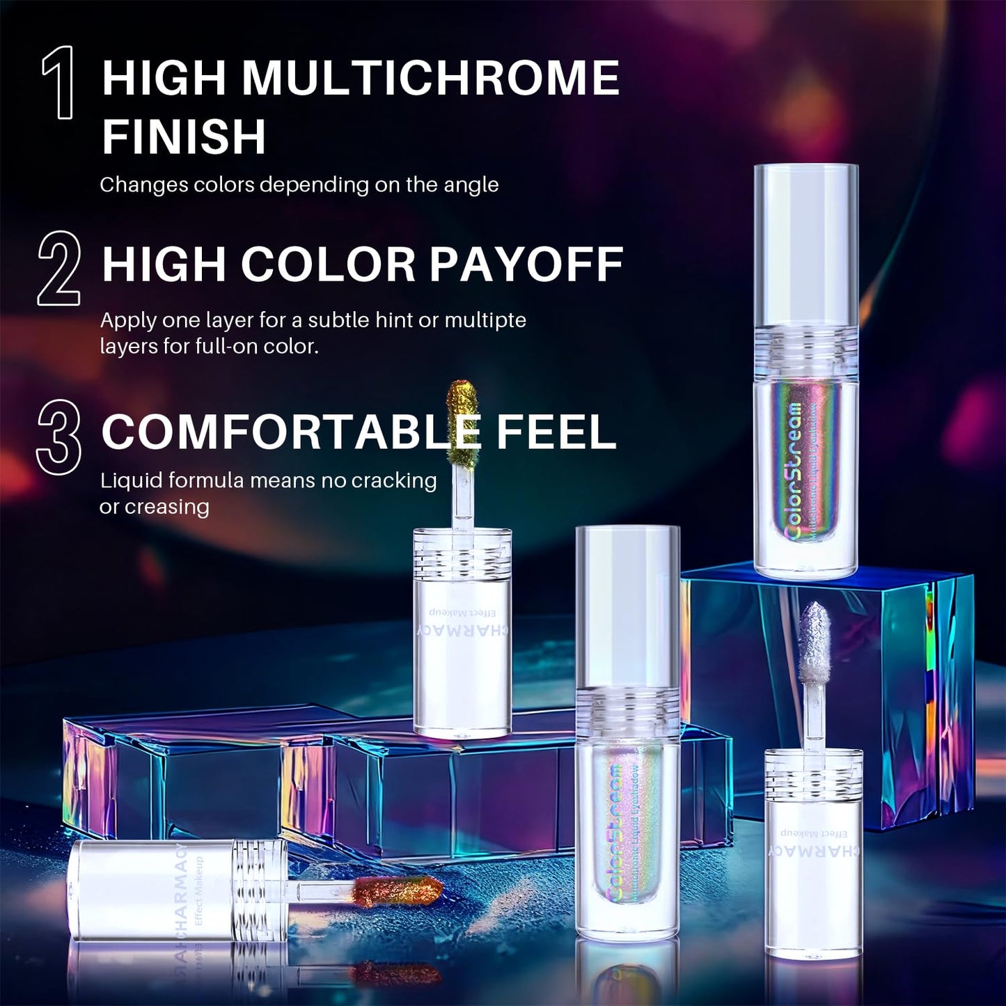 CHARMACY Multichrome Liquid Metallic Eyeshadow, Chameleon Shifting Color, Holographic Glitter Eyeshadow, Long Lasting Wear, Vegan Eye Topper for Party, Daily Makeup #02