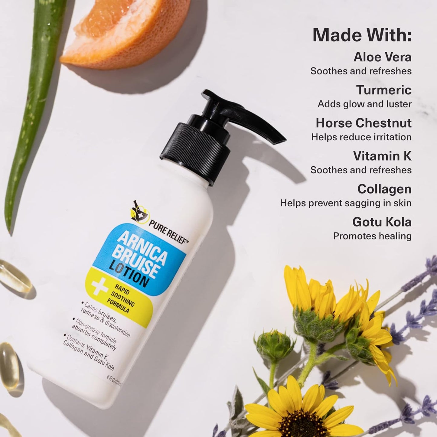 Arnica Bruise Relief Lotion for Bruising, Swelling, & Discoloration On Skin, Natural Skin Care Arnica Bruise Homeopathic Topical Bruise Cream W/Aloe Vera & Collagen, 4 Fl Oz (Pack of 2)