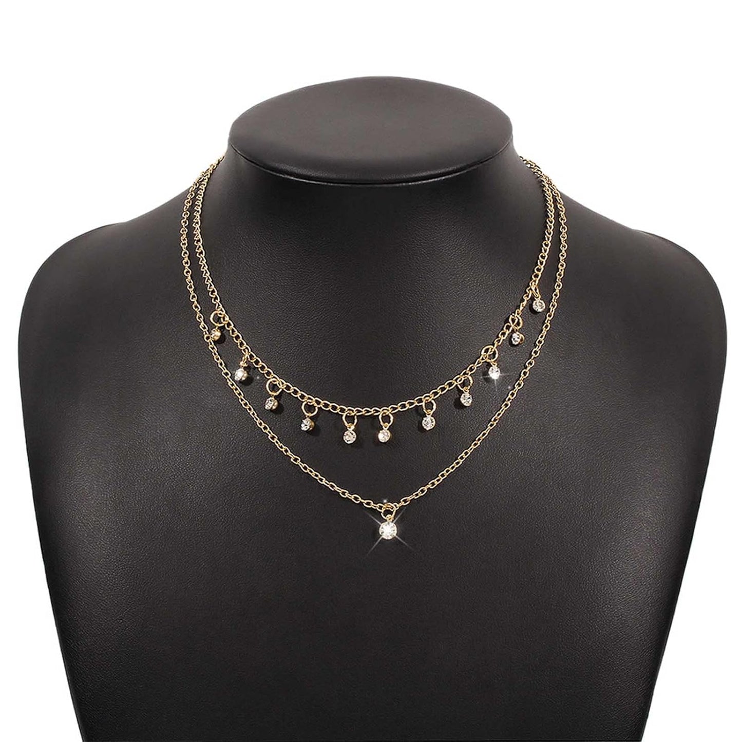 Boho Layered Gold Choker Necklace Crystal Pendant Necklace Rhinestone Tassel Choker Necklace Sparkly CZ Dangle Necklace Chain Jewelry for Women and Girls (Gold)