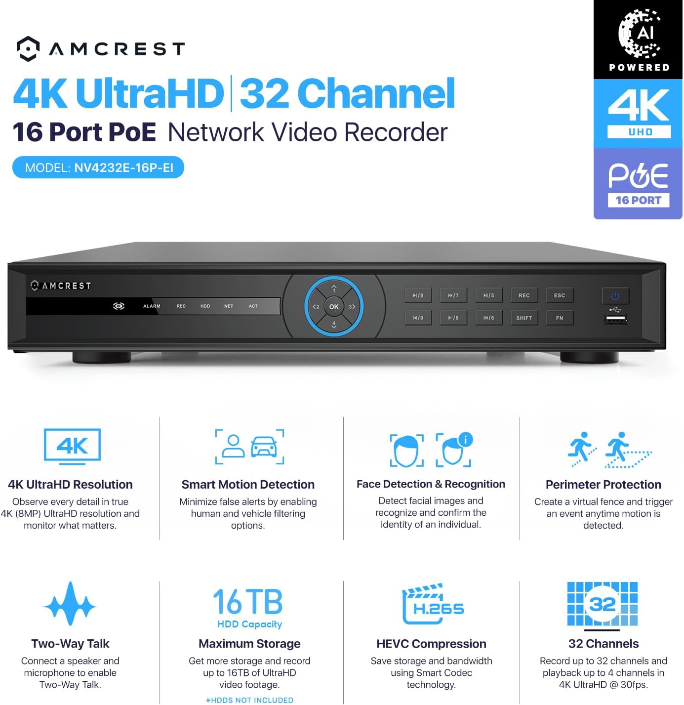 Amcrest 4K 32-Channel AI NVR (16-Port PoE) Smart NVR, Facial Recognition, Facial Detection & Vehicle Detection - Supports 32 x 4K IP Cameras, Pre-Installed 4TB Hard Drive NV4232E-16P-EI-4TB