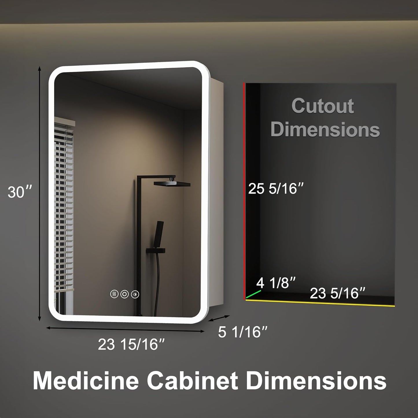 Medicine Cabinet with LED Lights and Mirror, 24 x 30 Inch Surface or Recessed Mounted Bathroom Cabinets with Door, Defogger, Memory Function, 3-Color Mode, Outlet&USB, Dimmer, Storage Shelf