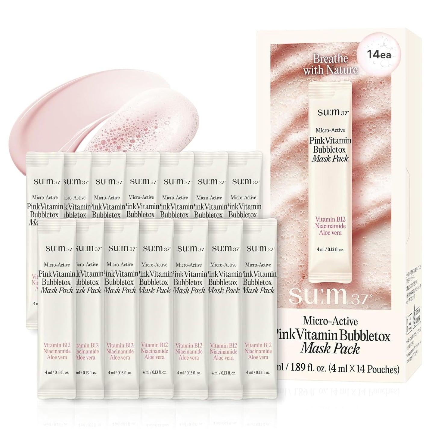 SU:M Micro-Active Pink Vitamin Bubbletox Mask Pack (0.13 fl oz x 14ea) - Korean Skincare – Deep pore cleansing, hydration with Fermented Pink Vitamin 12, Hibiscus, Kaolin & Bentonite