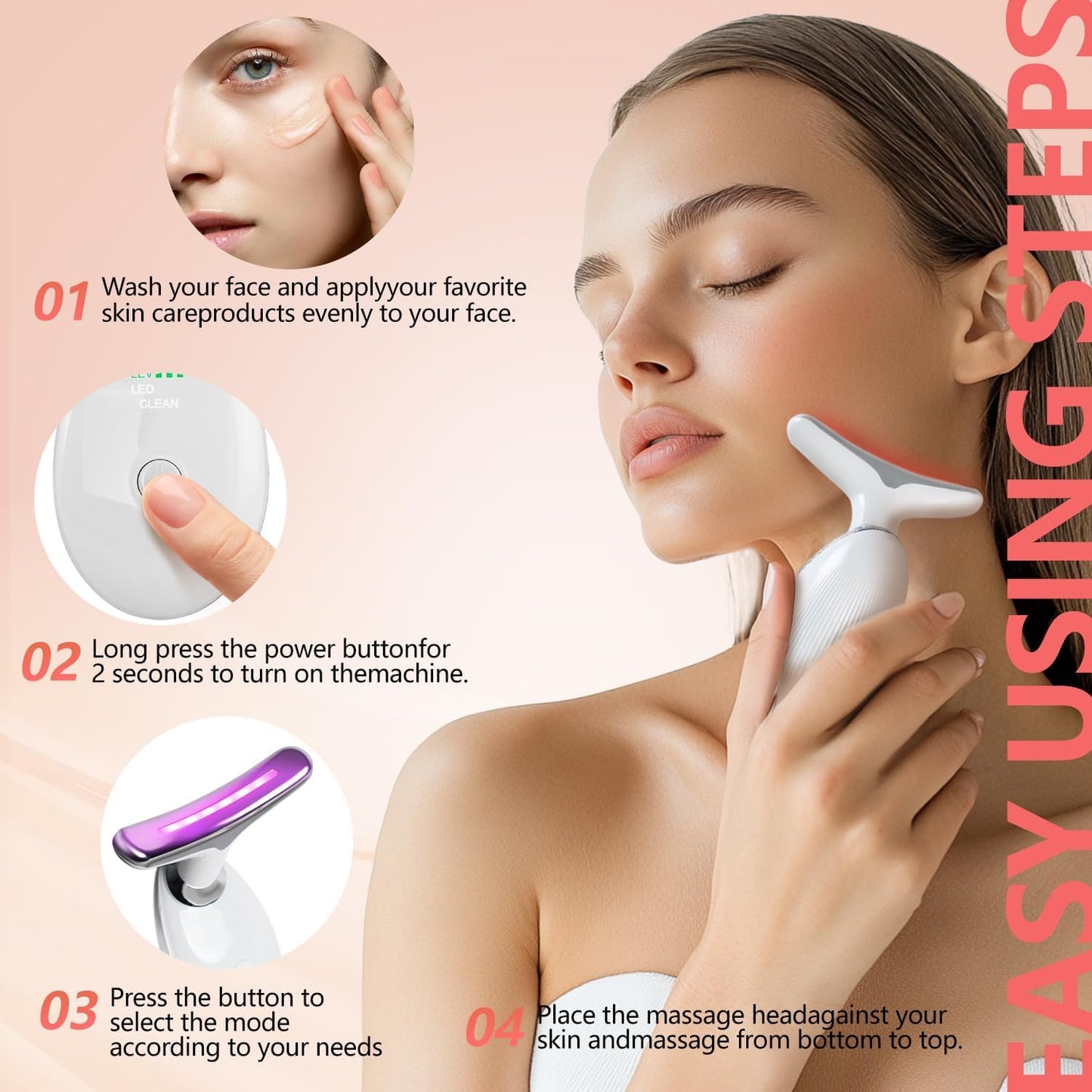 2025 New Face and Neck Massager Tool, 7 Colors LED Womens Skin Care Facial Massager for Skin Rejuvenation, Lifting, Toning, Glow Boost-White