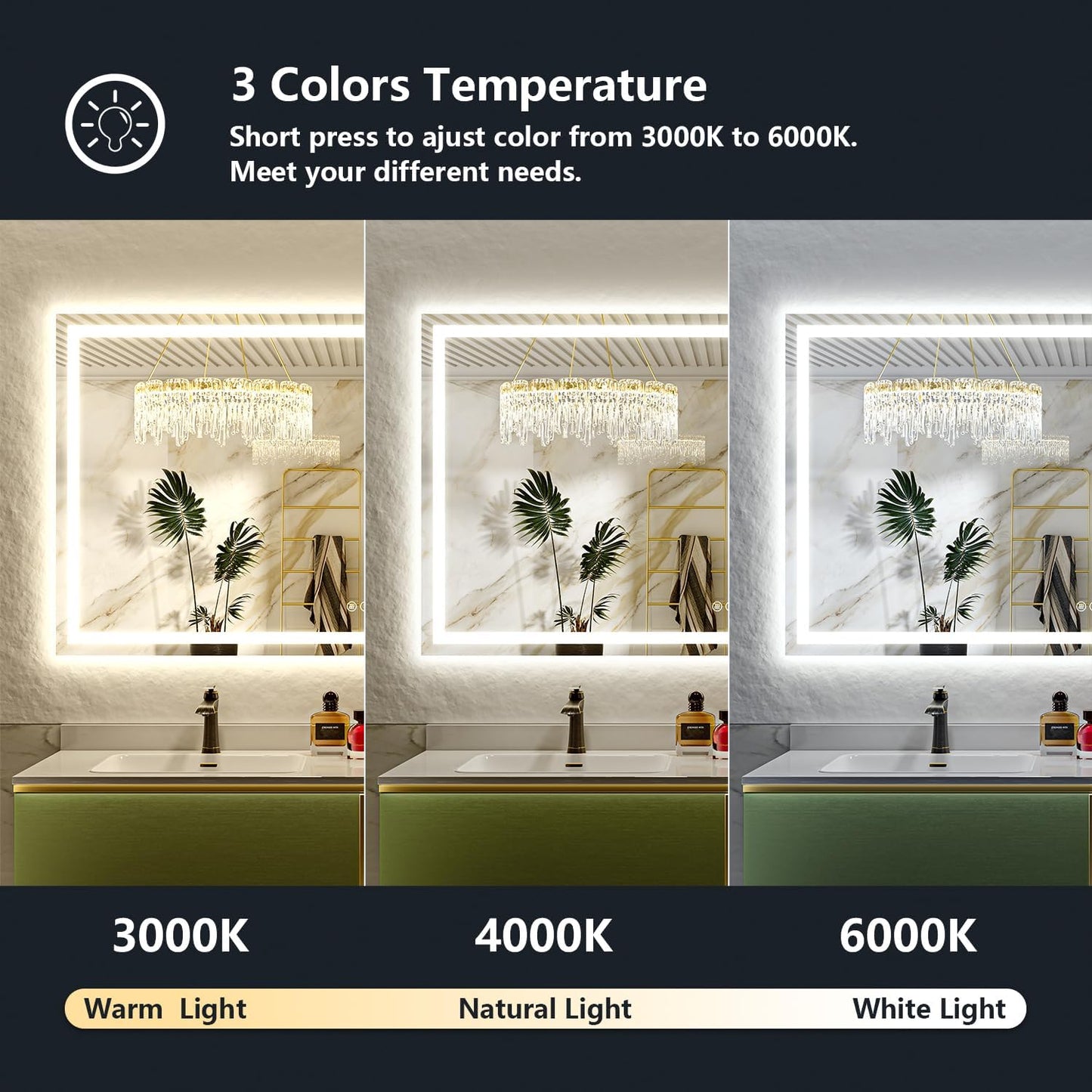 80x40 Inch LED Bathroom Mirror with Lights Front and Backlit Lighted Vanity Mirror for Bathroom Wall with 3 Colors Dimmable Anti-Fog Memory Shatter-Proof IP54 Waterproof Horizontal/Vertical