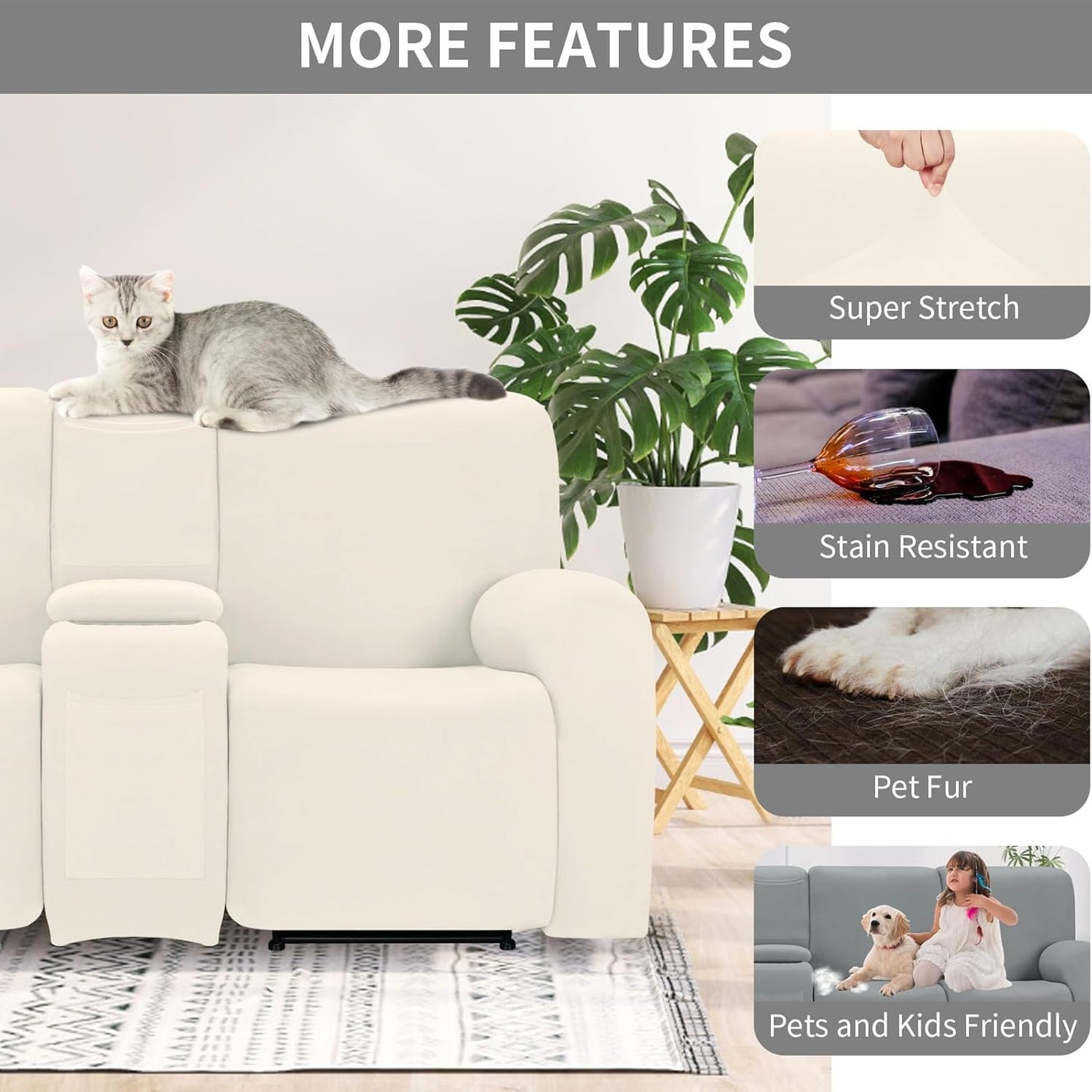 Easy-Going 100% Waterproof Recliner Cover Additional Seat Cover for Reclining Couch, Stretch Sofa Covers Washable Furniture Protector for Kids & Pets, 1 Seat, Beige