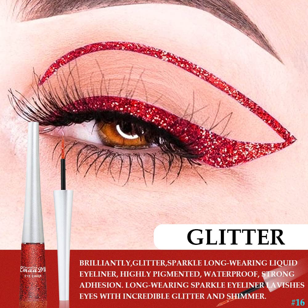 evpct 2Pcs Bronzer Red Color Liquid Glitter Eyeliner Set, Long-wearing and Waterproof