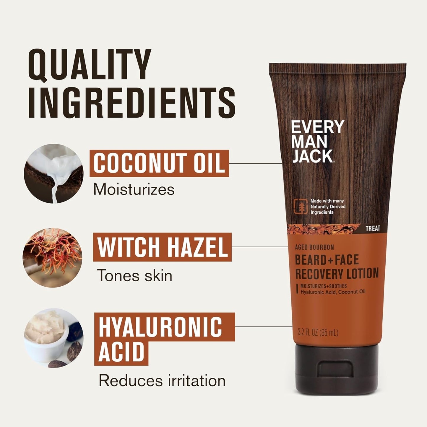 Every Man Jack Beard + Face Recovery Lotion - Moisturizes Relieves Dry Skin and Beard Itch - Light Aged Bourbon Scent - Made w/Naturally Derived Ingredients like Coconut Oil, and Witch Hazel - 3.2 oz (2 Pack)