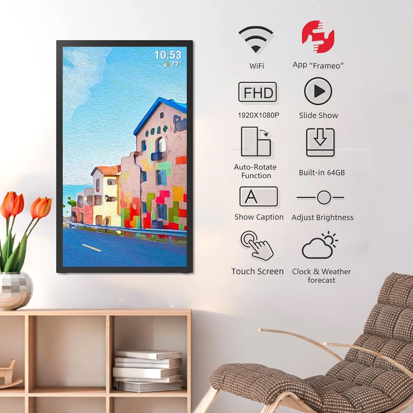 64GB 21.5inch FRAMEO Digital Photo Frame with 1920x1080 FHD IPS LCD Touch Screen, Dual-WiFi Share Photos & Videos Via Frameo App, Support USB Drive/Mirco SD Card Extend Storage, Auto-Rotate