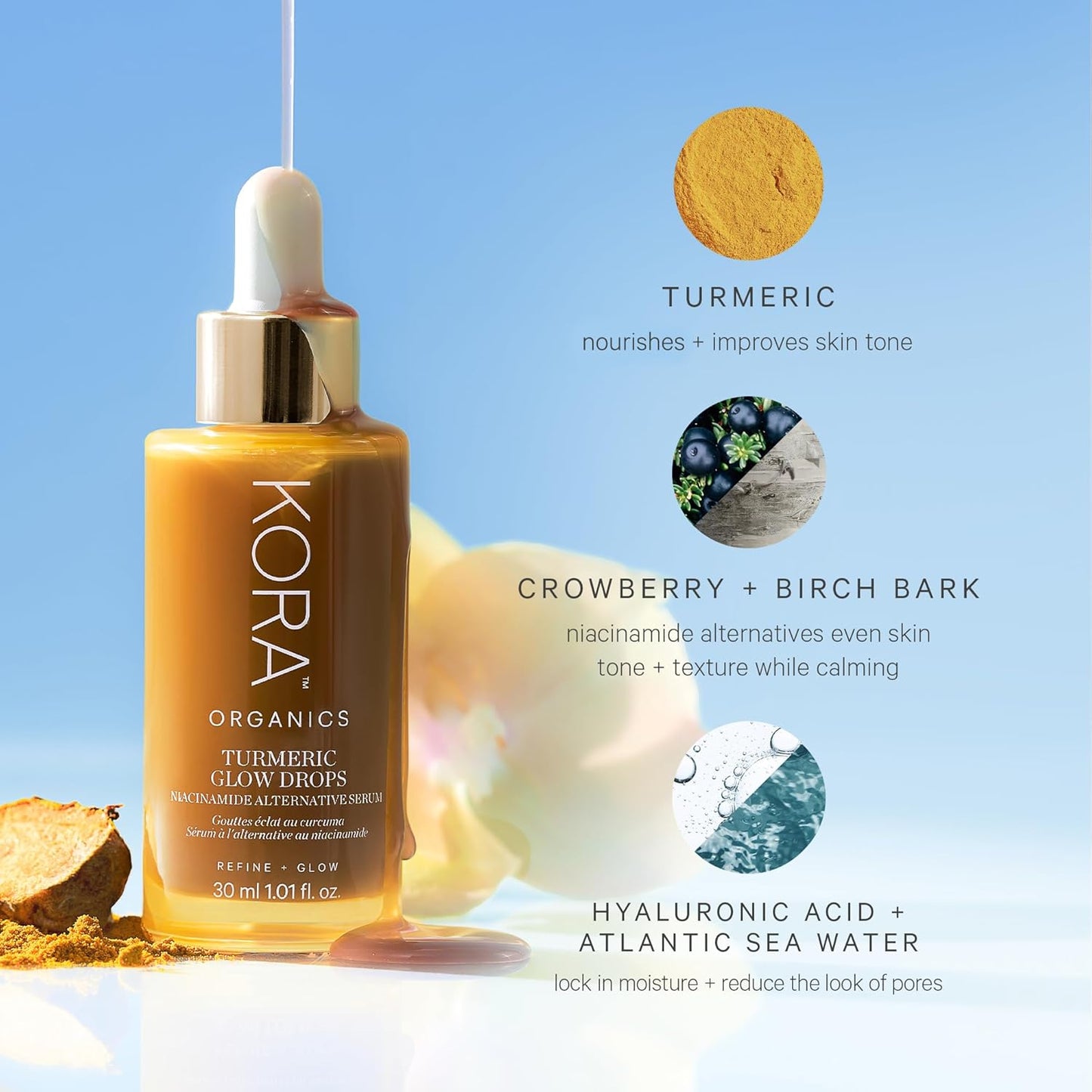 KORA Organics Turmeric Glow Drops, Niacinamide Alternative Face Serum for Radiance, Texture and Pore Appearance, Certified Organic, Vegan, 0.34 fl oz