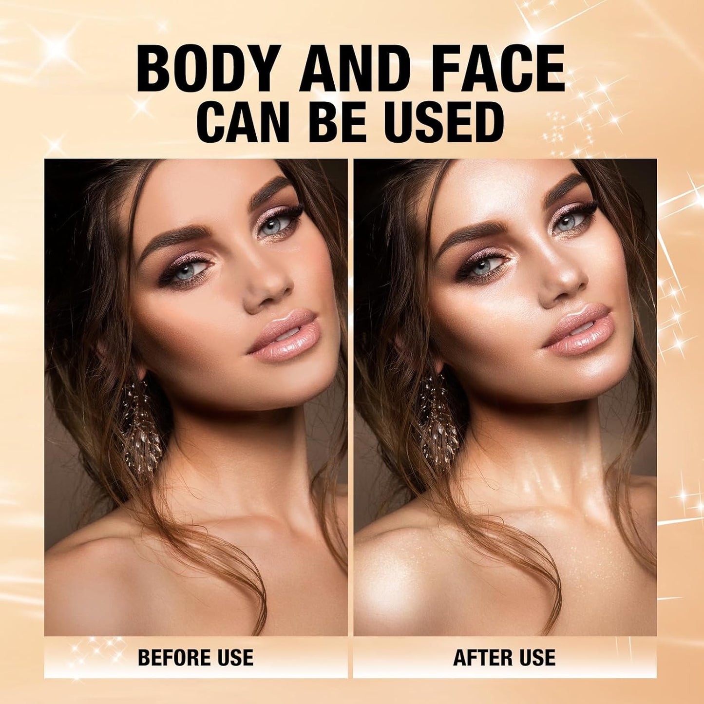 Glitter Body Highlighter Powder Body Shimmer Sparkle Face Brightening Highlighter Powder for Face Eyes Body Glow Makeup With sponge head（ Golden）