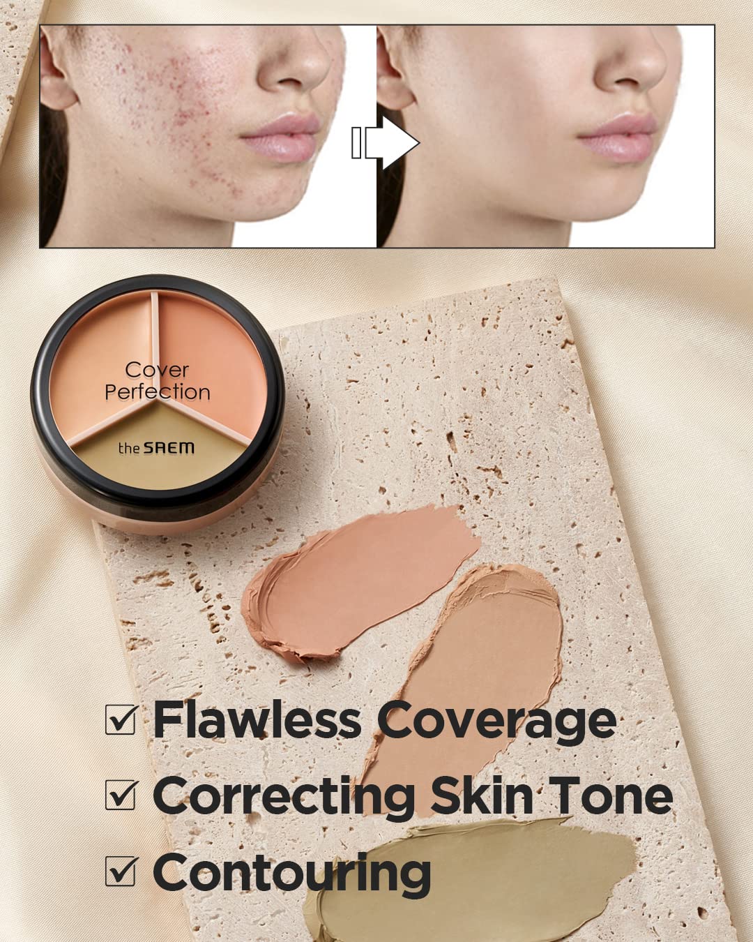 THESAEM Cover Perfection Triple Pot Concealer 01 Correct Beige + 02 Contour Beige - 3 Color Concealer for Medium & Natural Tone - Full Coverage Concealer to Correct & Conceal Redness, Dark Circles