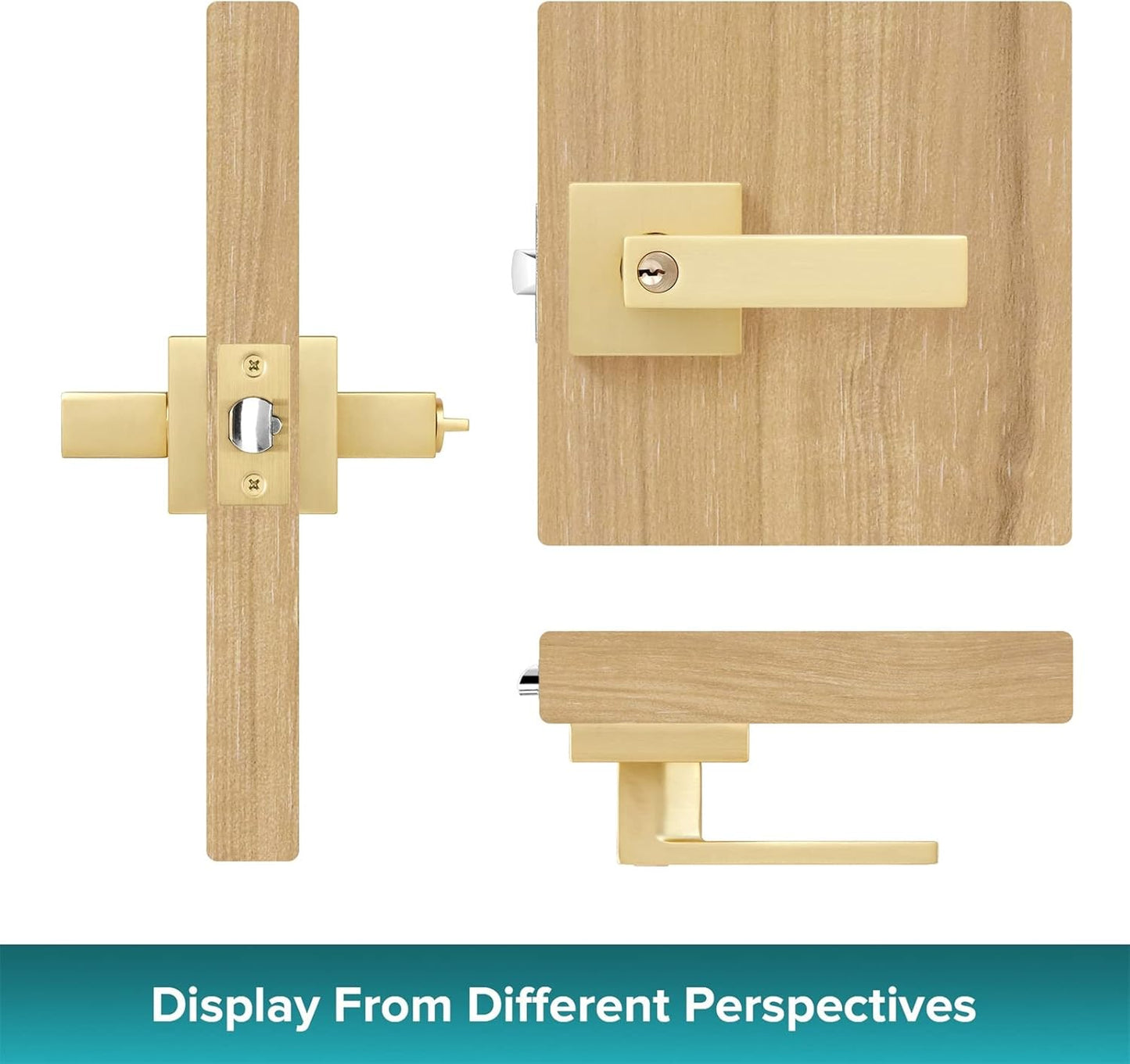 5 Pack Heavy Stain Brass Gold Door Handles, Locked Inside with Button Exterior/Interior Gold Door Knob with Lock Entry Door Lever with Keyed Alike Keys