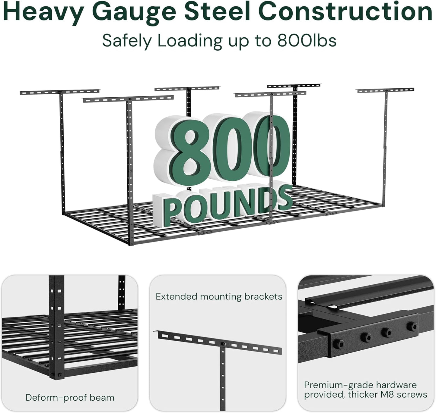 SunsGrove 4x8 Garage Storage Overhead Rack Organization, Adjustable Ceiling Mounted Storage Racks, 800LBS Weight Capacity, 22"-40" Ceiling Dropdown, 2 Pcs, Hammertone Black